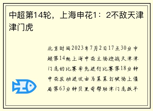 中超第14轮，上海申花1：2不敌天津津门虎