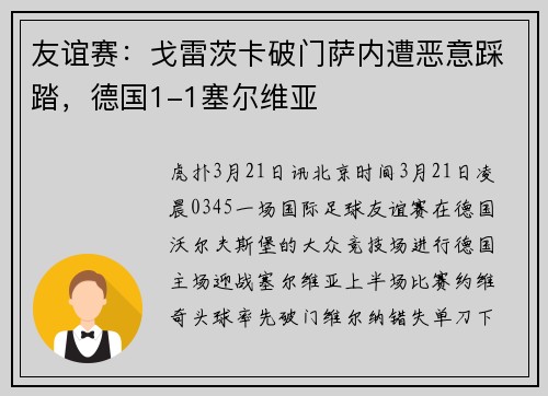 友谊赛：戈雷茨卡破门萨内遭恶意踩踏，德国1-1塞尔维亚