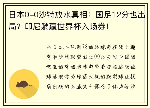 日本0-0沙特放水真相：国足12分也出局？印尼躺赢世界杯入场券！